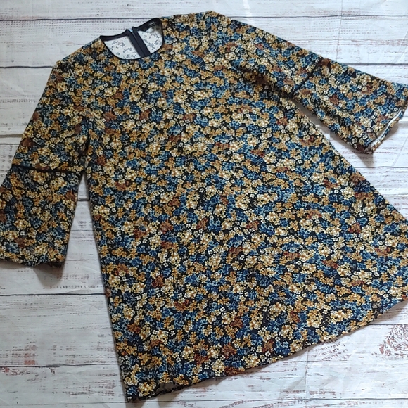 Zara Women's Mini Dress with Blue, Yellow, and Brown Floral Pattern - Picture 1 of 6